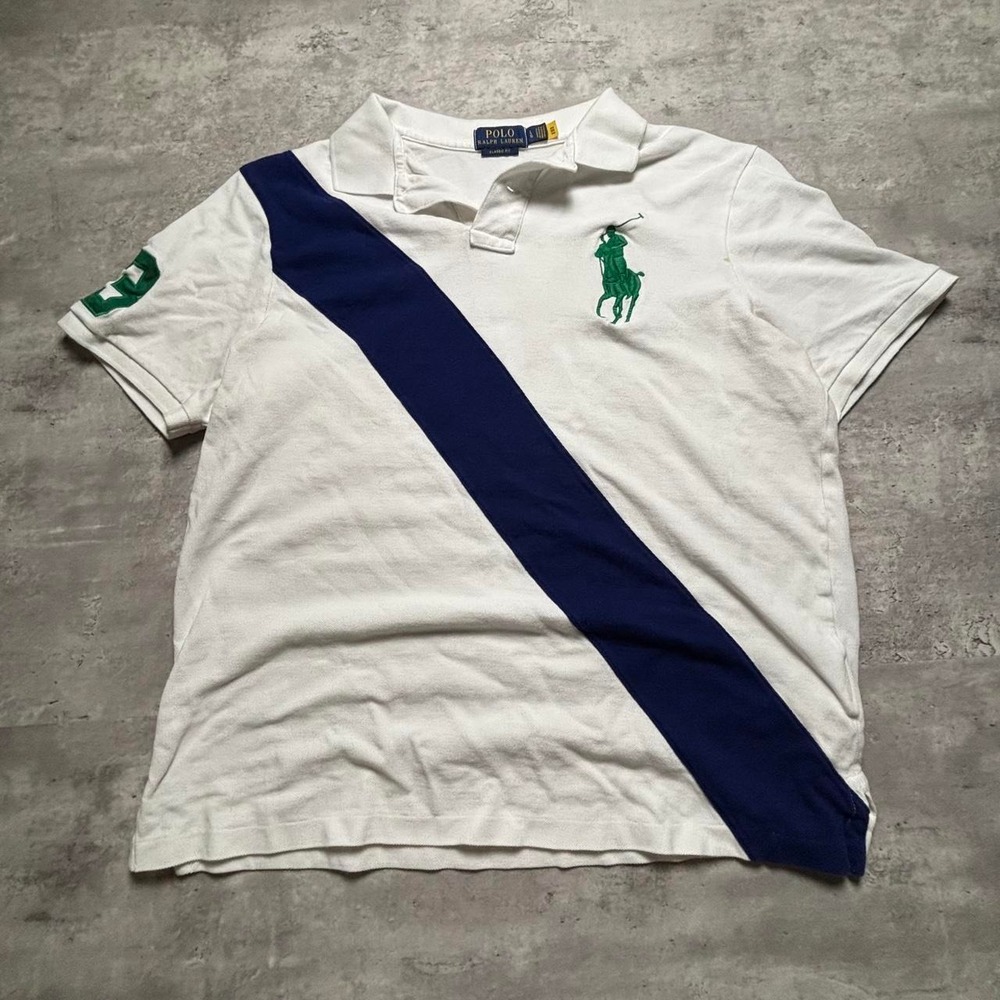 Polo Ralph Lauren Polo Shirt Large White Big Pony Navy Stripe Classic Fit